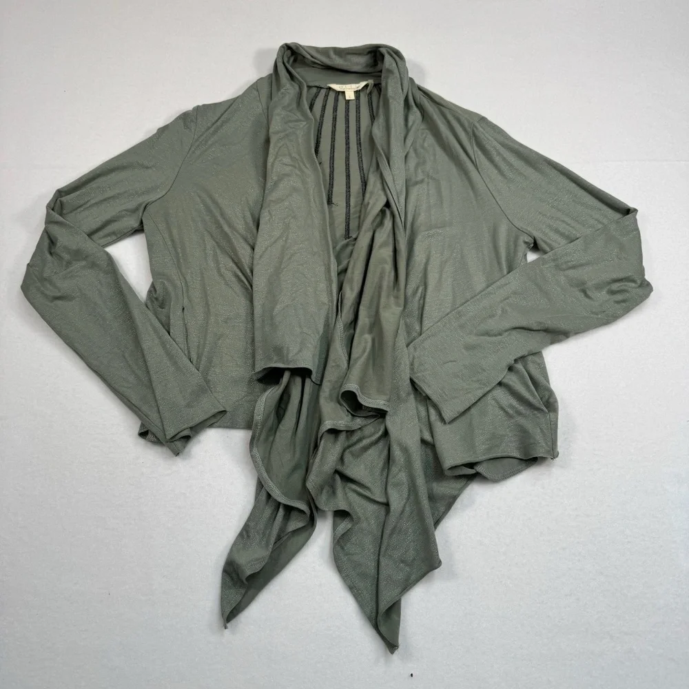 Babakul Long Sleeve Open Front Cardigan Womens Size Large Green Metallic Pockets